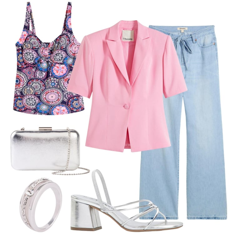 Outfit donna - Bonprix summer vibes. Stile Glamour per Tutti i giorni. Abbinamento con jeans, blazer, top, sandali col tacco, anelli, pochette.