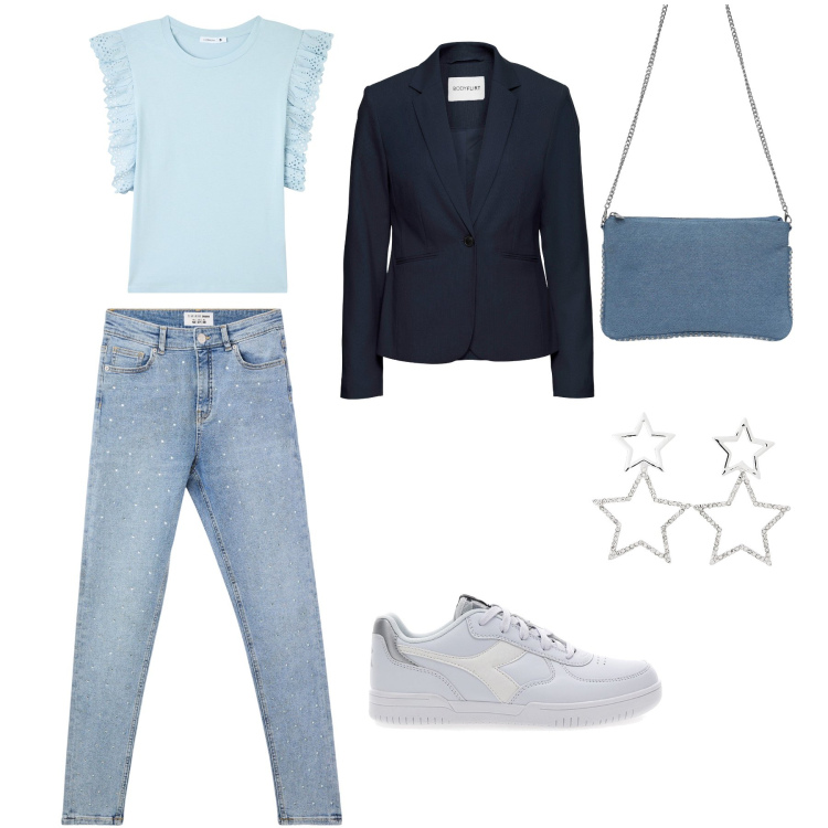 Outfit donna - Casual blu. Stile Casual per Ufficio. Abbinamento con blazer, t-shirt, orecchini, borse a tracolla, jeans skinny, sneakers.