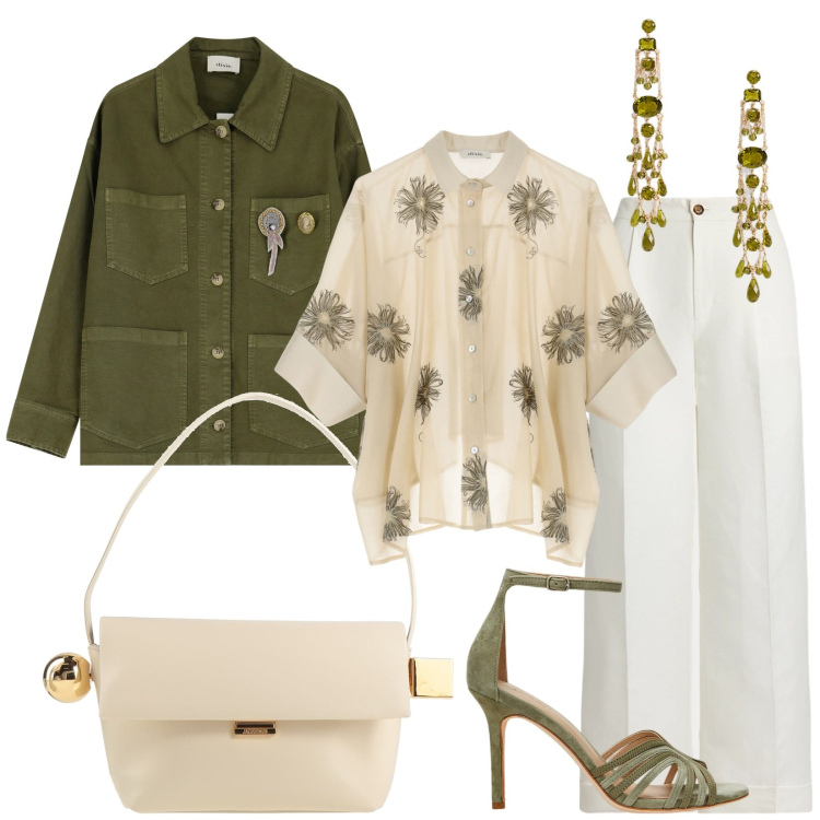 Outfit donna - Amanti del verde. Stile Glamour per Serata fuori. Abbinamento con borse a mano, pantaloni, sandali in pelle, orecchini, camicie, blazer.