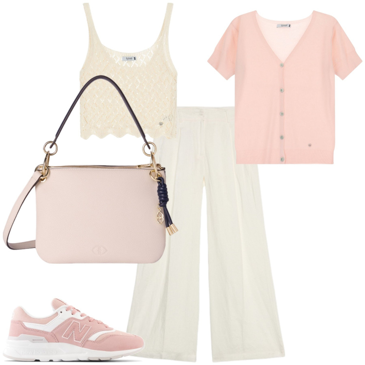 Outfit donna - Rosa pastello. Stile Casual chic per Tutti i giorni. Abbinamento con sneakers, cardigans, top, pantaloni a palazzo, borse a tracolla.
