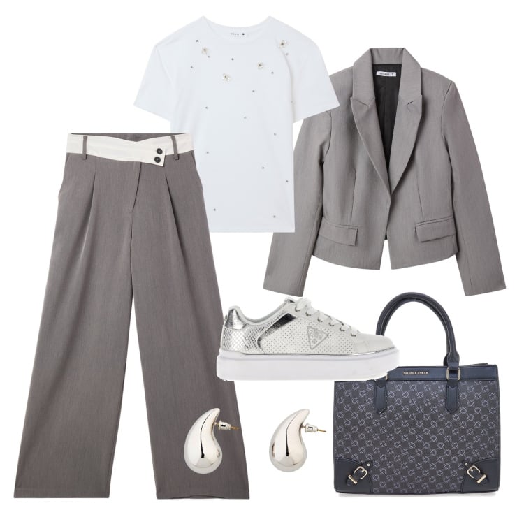 Outfit donna - Ufficio mix & match. Stile Trendy per Ufficio. Abbinamento con orecchini, pantaloni, t-shirt, blazer, sneakers, borse a tracolla.