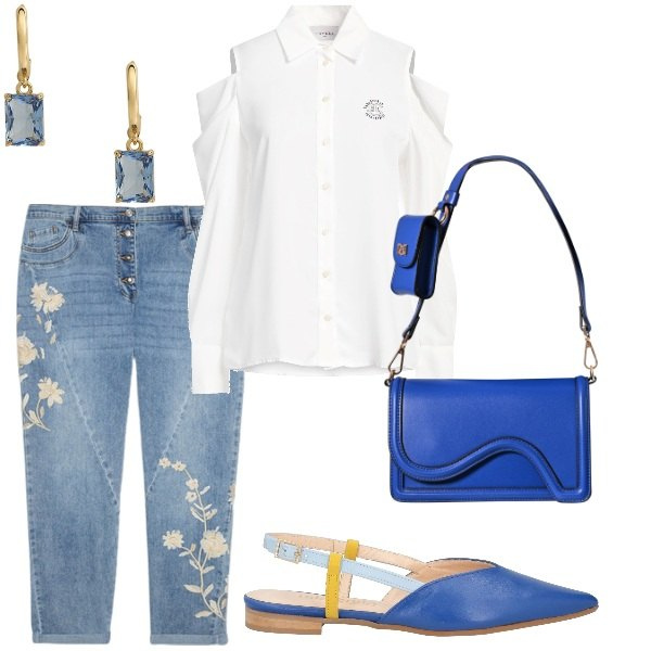Outfit donna - Dettagli in azzurro. Stile Casual per Tutti i giorni. Abbinamento con camicie, ballerine, pochette, orecchini, jeans.