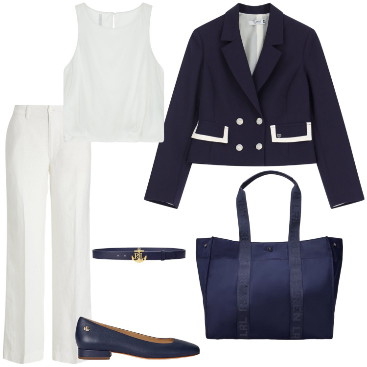 Outfit donna - Stile marittimo. Stile Glamour per Scuola/Università. Abbinamento con blazer, top, ballerine, borse tote, cinture, pantaloni.