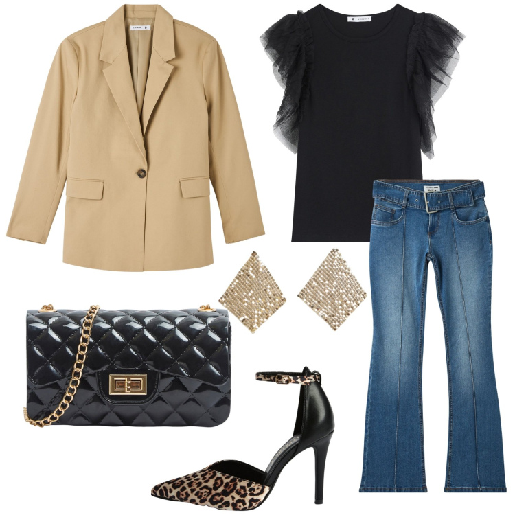 Outfit donna - Serata fuori. Stile Casual chic per Serata fuori. Abbinamento con t-shirt, blazer, borse a tracolla, décolleté, orecchini, jeans a zampa.