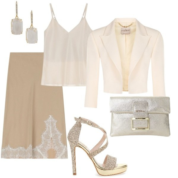 Outfit donna - Cerimonia di sera. Stile Glamour per Cerimonia. Abbinamento con pochette, gonne longuette, top, bolero, orecchini, sandali col tacco.