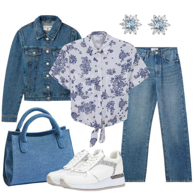Outfit donna - Fiori blu. Stile Casual per Tutti i giorni. Abbinamento con blazer, jeans dritti, camicie, borse a tracolla, orecchini, sneakers.
