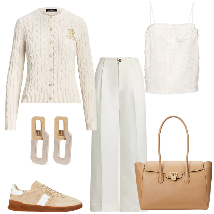 Outfit donna - White. Stile Casual per Tutti i giorni. Abbinamento con cardigans, pantaloni, sneakers, borse a mano, top, orecchini.