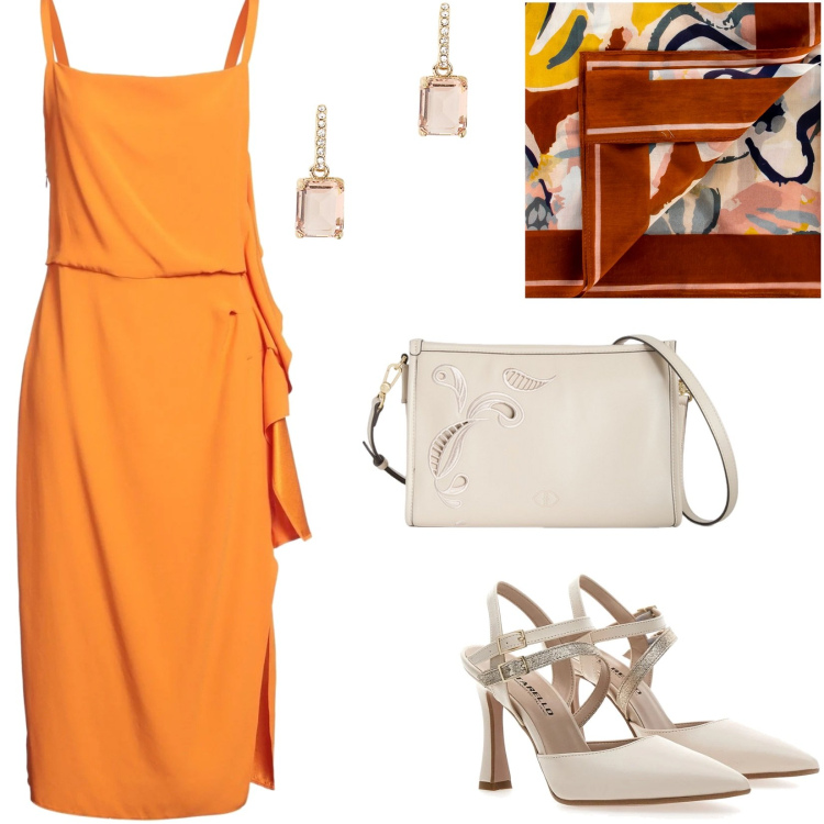 Outfit donna - Essenziale. Stile Chic per Serata fuori. Abbinamento con vestiti midi/longuette, foulard, orecchini, décolleté, borse a tracolla.