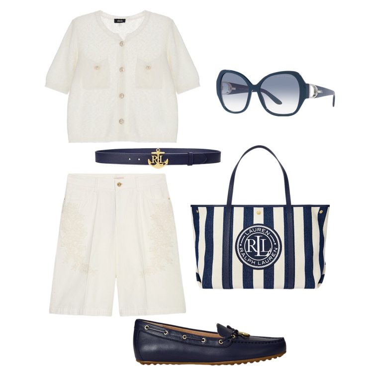 Outfit donna - Lungomare con stile. Stile Casual chic per Tutti i giorni. Abbinamento con cardigans, occhiali da sole, mocassini, cinture, borse tote, bermuda.