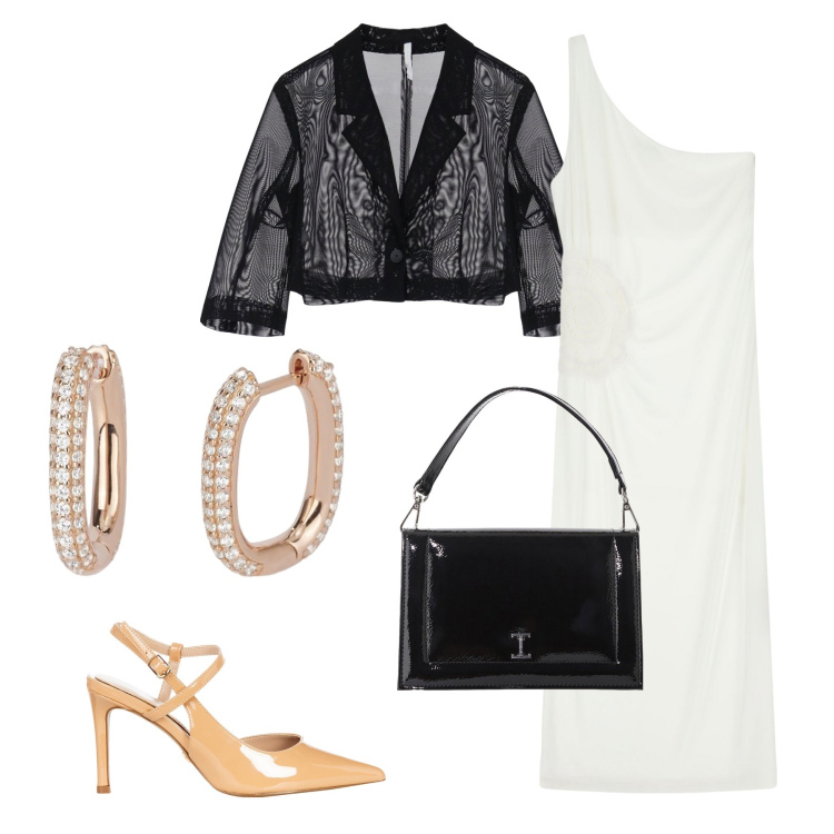 Outfit donna - Total look #2124183. Stile Chic per Serata fuori. Abbinamento con orecchini, décolleté, vestiti asimmetrici, borse a tracolla, blazer.