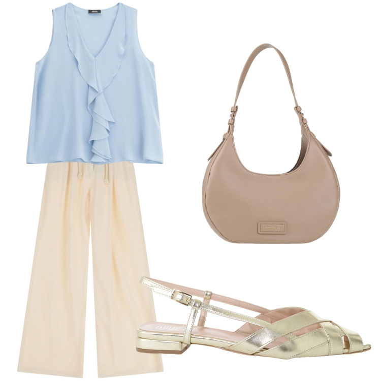 Outfit donna - Aperitivo. Stile Trendy per Tutti i giorni. Abbinamento con borse a spalla, top, jeans, sandali.