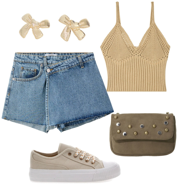 Outfit donna - La gonna pantaloncino di tendenza. Stile Casual per Tutti i giorni. Abbinamento con top, minigonne, orecchini, borse a tracolla, sneakers.
