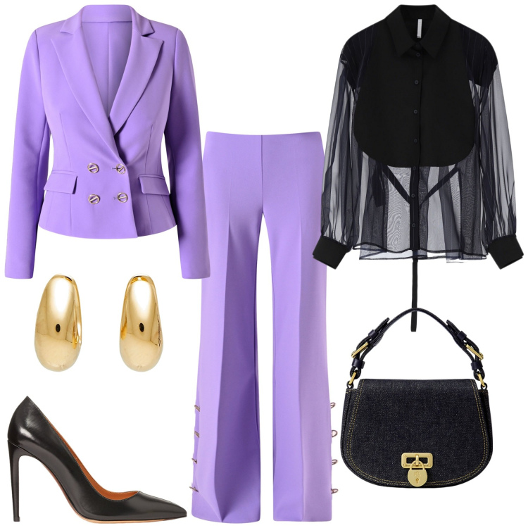 Outfit donna - Pink. Stile Casual chic per Tutti i giorni. Abbinamento con orecchini, blazer, pantaloni a palazzo, camicie, décolleté, borse a tracolla.