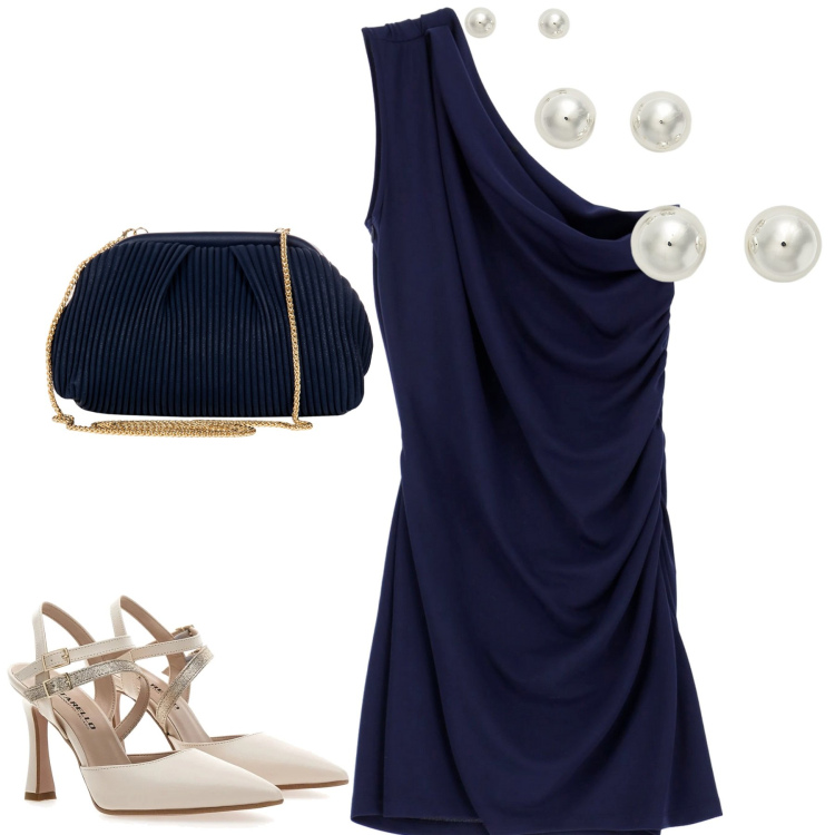 Outfit donna - Blu. Stile Chic per Tutti i giorni. Abbinamento con pochette, vestiti corti, orecchini, décolleté.