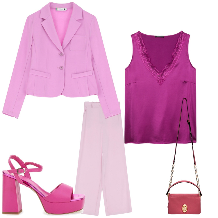 Outfit donna - Gradazioni. Stile Chic per Serata fuori. Abbinamento con blazer, pantaloni, sandali col tacco, top, borse a tracolla.