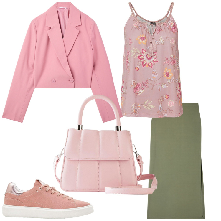 Outfit donna - Rosa e verde. Stile Sporty chic per Tutti i giorni. Abbinamento con borse a tracolla, sneakers, top, gonne lunghe, blazer.