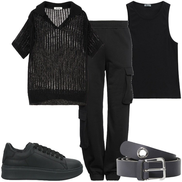 Outfit uomo - Estate dark. Stile Biker Rock per Tutti i giorni. Abbinamento con pantaloni cargo, sneakers, maglieria, cinture, canottiere.