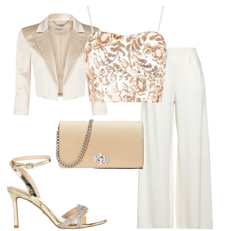Outfit donna - Il top prezioso. Stile Chic per Serata fuori. Abbinamento con pantaloni, bolero, top, sandali col tacco, borse a tracolla.