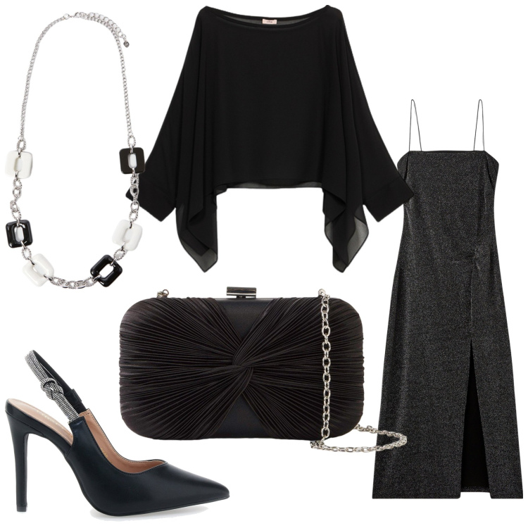 Outfit donna - Cerimonia chic. Stile Chic per Cerimonia. Abbinamento con pochette, vestiti lunghi, décolleté, bolero, collane.