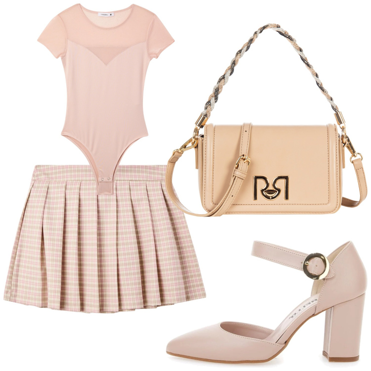 Outfit donna - Colori neutri. Stile Chic per Serata fuori. Abbinamento con minigonne, body, borse a tracolla, décolleté.