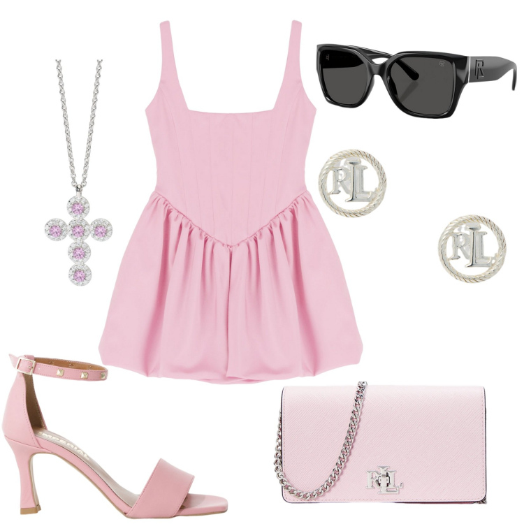 Outfit donna - il rosa più rosa. Stile Trendy per Cerimonia. Abbinamento con ciondoli, sandali col tacco, vestiti corti, orecchini, occhiali da sole, borse a tracolla.
