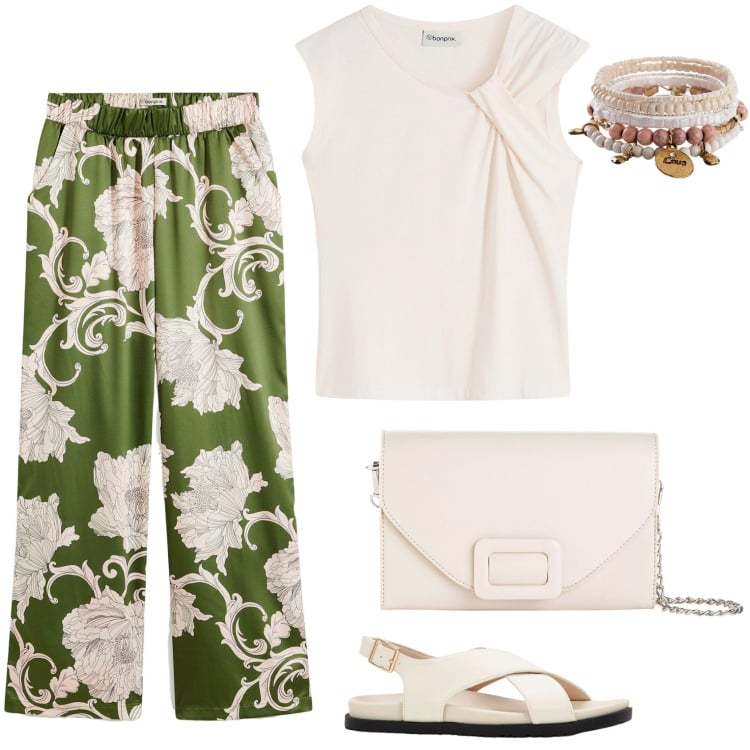 Outfit donna - Il pantalone a fiori. Stile Casual chic per Tutti i giorni. Abbinamento con sandali, braccialetti, pantaloni a palazzo, maglieria, pochette.