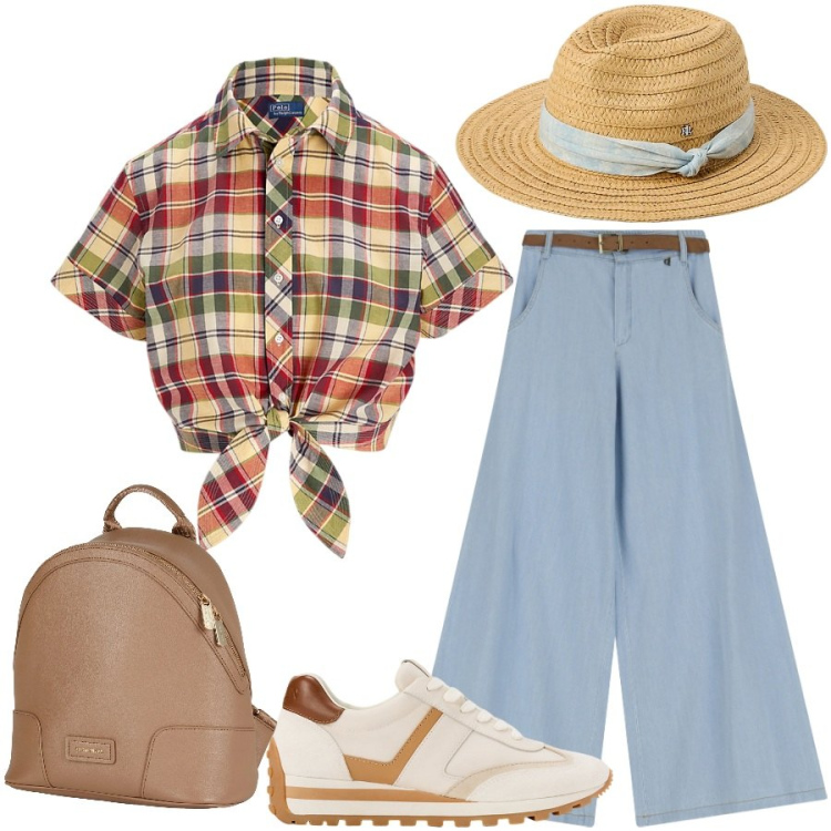 Outfit donna - Gita fuori città. Stile Casual per Tutti i giorni. Abbinamento con zaini, pantaloni a palazzo, sneakers, camicie, cappelli.