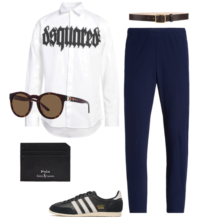 Outfit uomo - trendy. Stile Business/Elegante per Ufficio. Abbinamento con camicie, cinture, portafogli, occhiali da sole, pantaloni, sneakers.