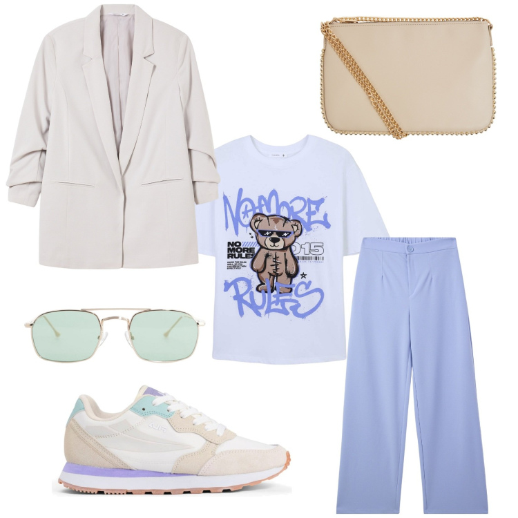 Outfit donna - Lilac free. Stile Casual per Tutti i giorni. Abbinamento con t-shirt, blazer, borse a tracolla, pantaloni, occhiali da sole, sneakers.