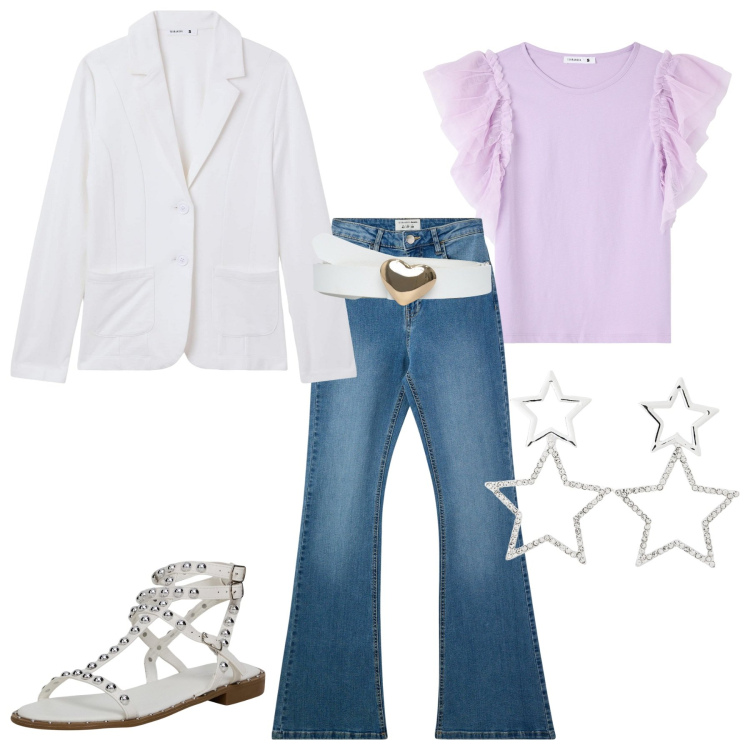 Outfit donna - Jeans. Stile Sporty chic per Tutti i giorni. Abbinamento con jeans a zampa, orecchini, t-shirt, sandali, cinture, blazer.