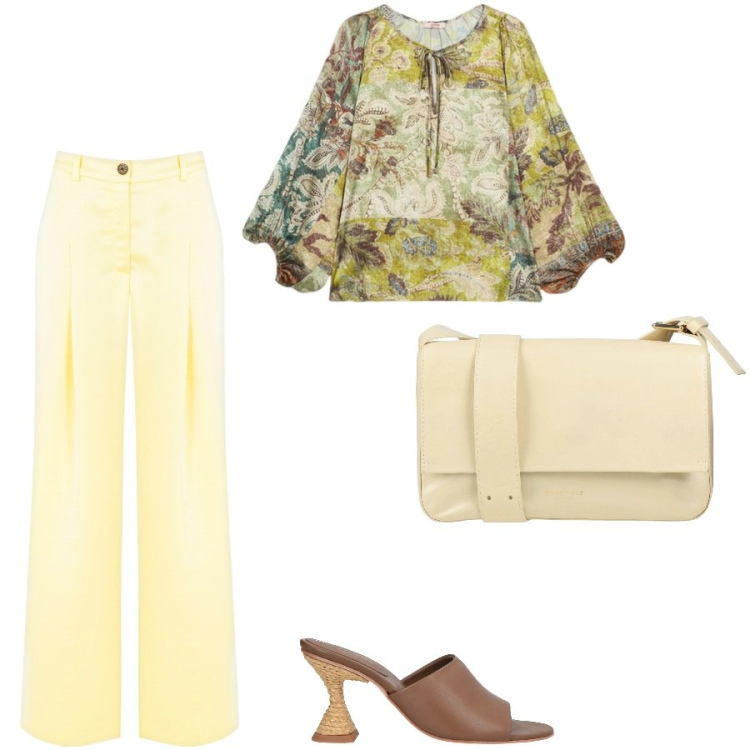 Outfit donna - Il pantalone giallo. Stile Trendy per Serata fuori. Abbinamento con sandali in pelle, borse a tracolla, pantaloni, bluse.