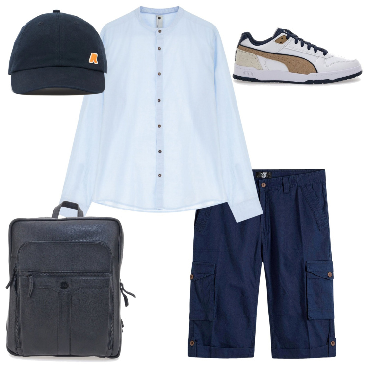 Outfit uomo - Weekend in libertà. Stile Casual per Tutti i giorni. Abbinamento con bermuda, camicie, sneakers, borse sportive, cappelli.