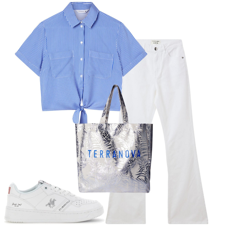 Outfit donna - City. Stile Casual per Tutti i giorni. Abbinamento con jeans a zampa, borse tote, camicie a manica corta, sneakers.