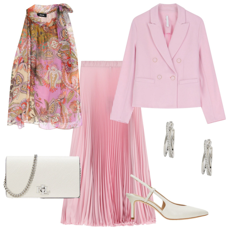 Outfit donna - In rosa. Stile Casual chic per Tutti i giorni. Abbinamento con gonne lunghe, blazer, top, orecchini, décolleté, borse a tracolla.