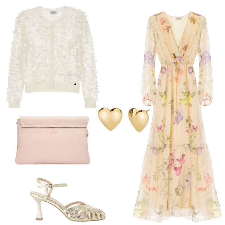 Outfit donna - Fiori. Stile Chic per Cerimonia. Abbinamento con orecchini, cardigans, sandali col tacco, vestiti lunghi, borse a tracolla.