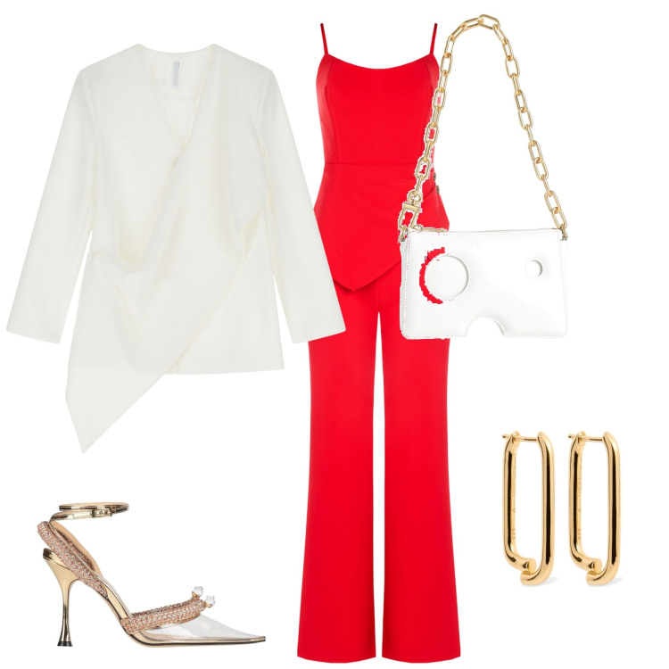 Outfit donna - Tuta rossa. Stile Chic per Serata fuori. Abbinamento con décolleté, borse a mano, tute, blazer, orecchini.