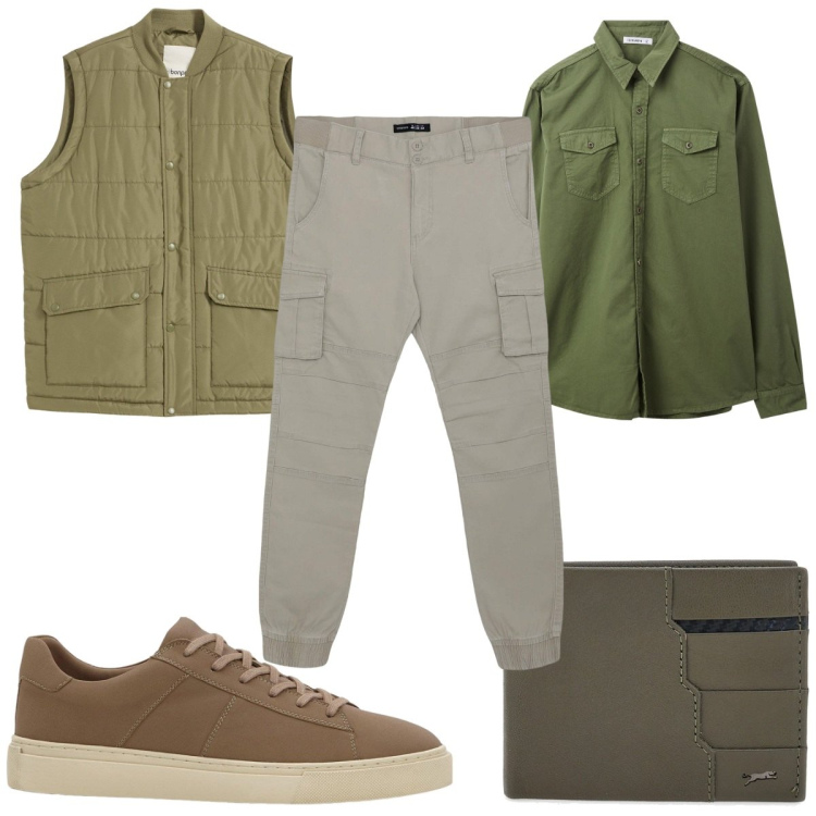 Outfit uomo - Safari urbano low cost. Stile Trendy per Tutti i giorni. Abbinamento con gilet, sneakers, camicie, pantaloni cargo, portafogli.