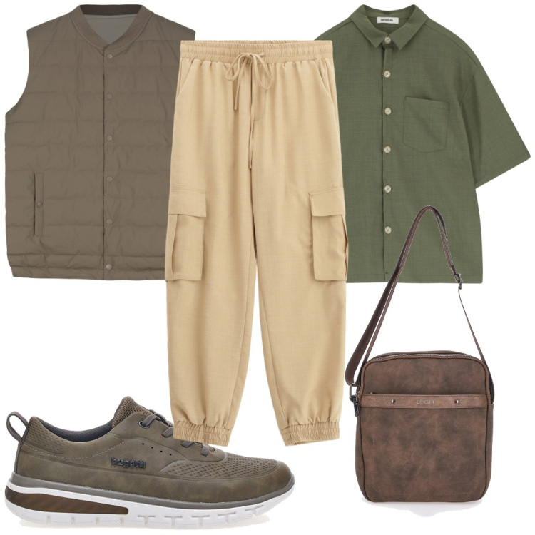 Outfit uomo - Safari urbano :il borsello. Stile Trendy per Tutti i giorni. Abbinamento con camicie a manica corta, pantaloni cargo, portafogli, sneakers, gilet.