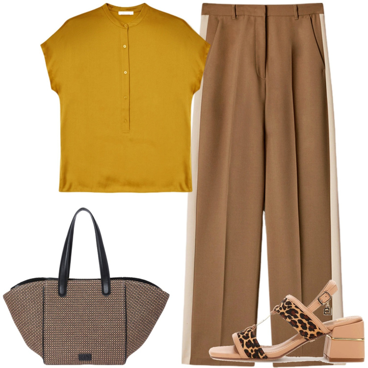 Outfit donna - Colori della terra. Stile Casual chic per Tutti i giorni. Abbinamento con sandali col tacco, pantaloni a palazzo, bluse, shopping bag.