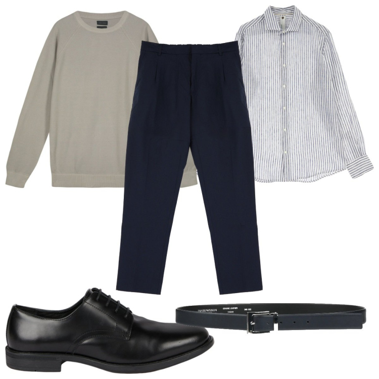 Outfit uomo - Righe sottili in ufficio. Stile Trendy per Ufficio. Abbinamento con cinture, pantaloni, camicie, scarpe stringate, maglieria.