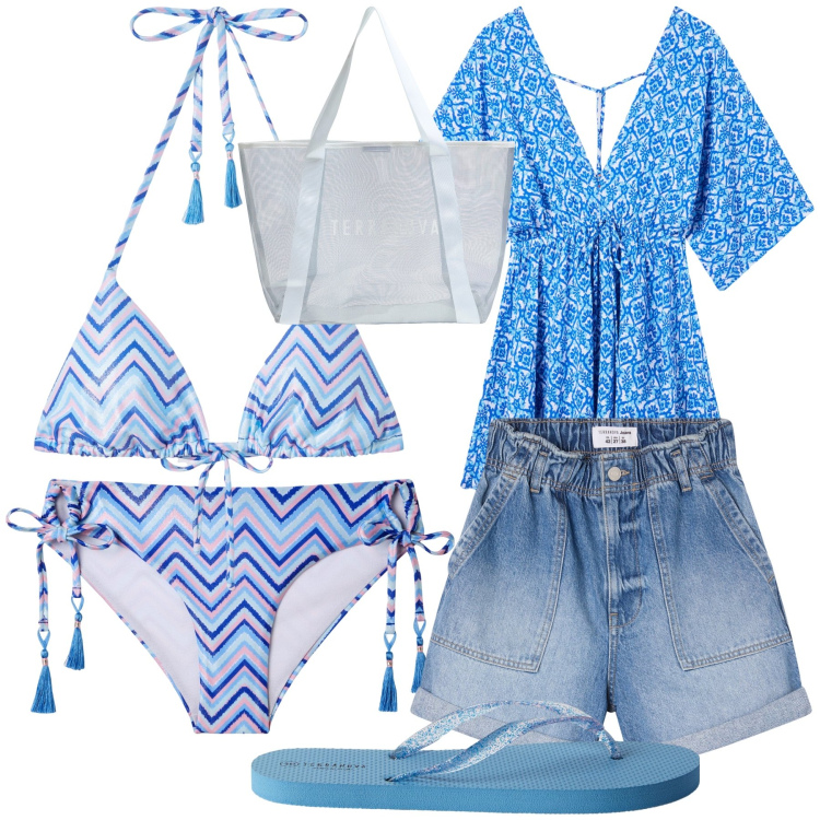 Outfit donna - Un tuffo dove l acqua è più blu. Stile Trendy per Mare. Abbinamento con vestiti corti, bikini, shorts, infradito, bikini, shopping bag.