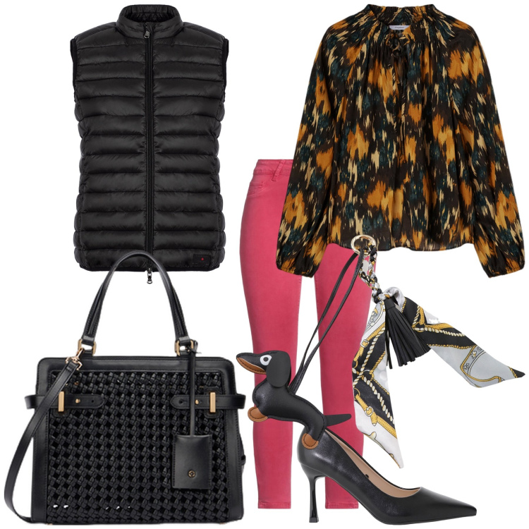 Outfit donna - Stamattina ventoso. Stile Glamour per Ufficio. Abbinamento con pantaloni, décolleté, portachiavi, piumini, borse a mano, bluse.