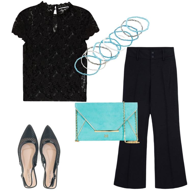 Outfit donna - Blusa in pizzo. Stile Chic per Serata fuori. Abbinamento con braccialetti, t-shirt, pantaloni, pochette, ballerine.