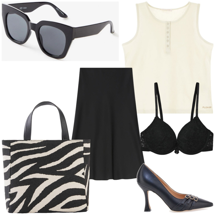 Outfit donna - Ufficio bicolore. Stile Chic per Ufficio. Abbinamento con borse a mano, occhiali da sole, reggiseni push-up, canottiere, gonne, décolleté.