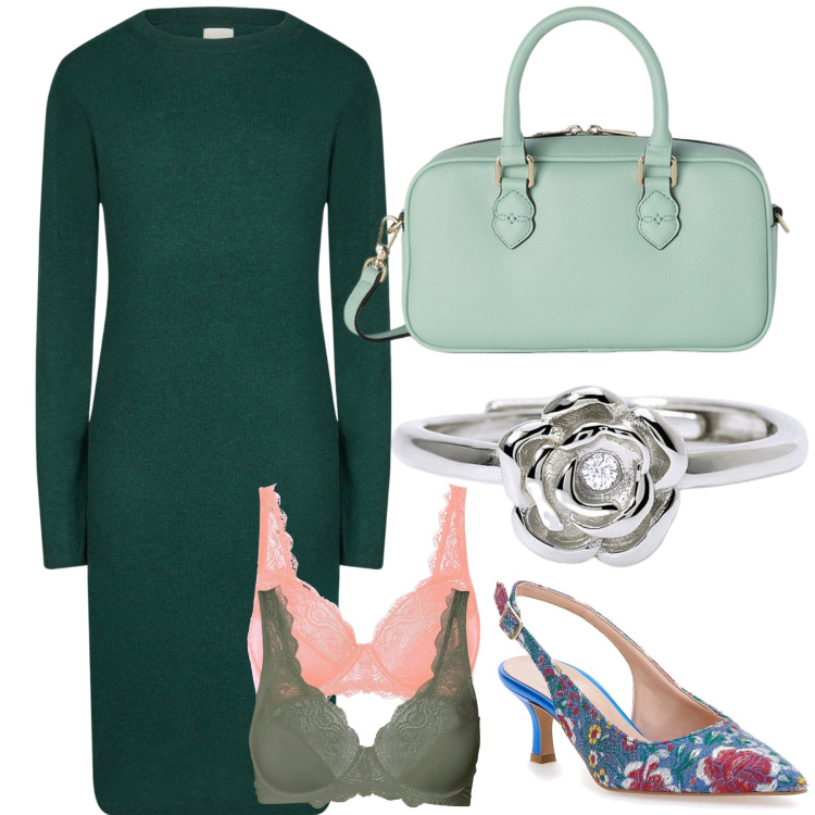 Outfit donna - Una rosa per la mamma. Stile Bon Ton per Tutti i giorni. Abbinamento con reggiseni, anelli, vestiti midi/longuette, décolleté, borse a mano.