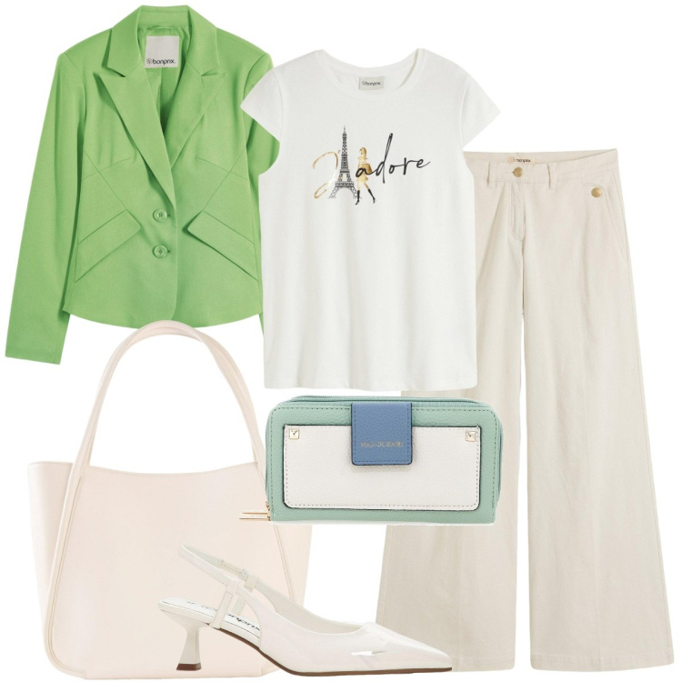 Outfit donna - La giacca verde trifoglio. Stile Casual chic per Ufficio. Abbinamento con pantaloni, t-shirt, blazer, décolleté, shopping bag, portafogli.