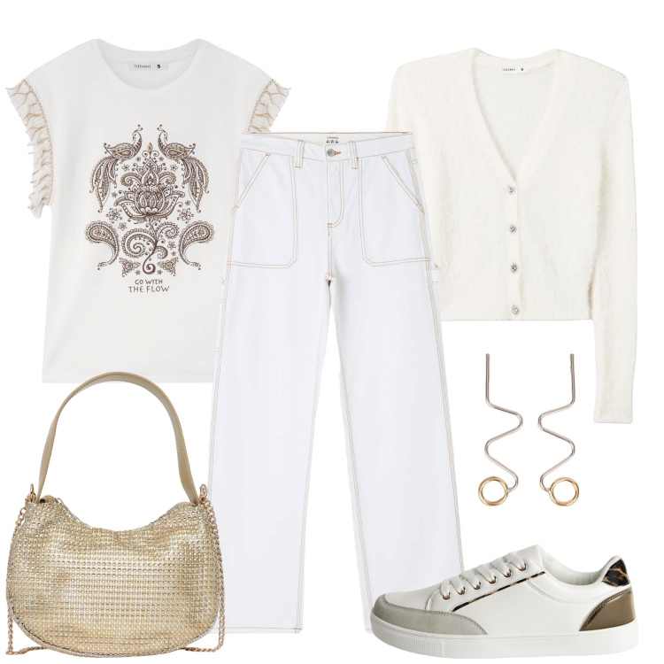 Outfit donna - Bianco e gold. Stile Basic per Tutti i giorni. Abbinamento con t-shirt, sneakers, pantaloni, cardigans, borse a spalla, orecchini.