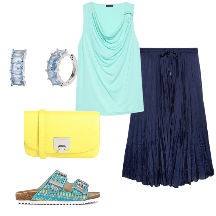 Outfit donna - Total look #2124357. Stile Basic per Tutti i giorni. Abbinamento con borse a tracolla, orecchini, sandali, top, gonne lunghe.