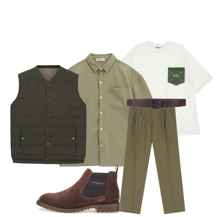 Outfit uomo - Smart layering per i capricci primaveril. Stile Casual per Tutti i giorni. Abbinamento con cinture, t-shirt, camicie a manica corta, pantaloni, stivali e stivaletti, gilet.