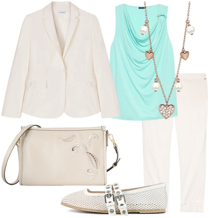 Outfit donna - La Comunione a maggio - @mikytwins. Stile Romantica per Cerimonia. Abbinamento con collane, top, pantaloni chino, ballerine, blazer, borse a tracolla.
